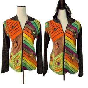 Karma Circle Orange Green Black Floral Full Zip BOHO Hoodie Jacket Sweater S